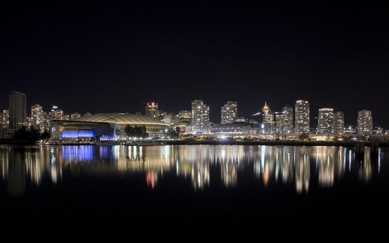 Vancouver Skyline at Night — Black, Serene, Photograph, Buildings, Water