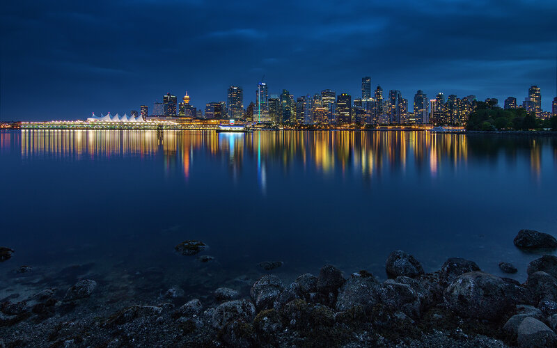Vancouver Skyline at Night — Blue, Serene, Photograph, City Lights