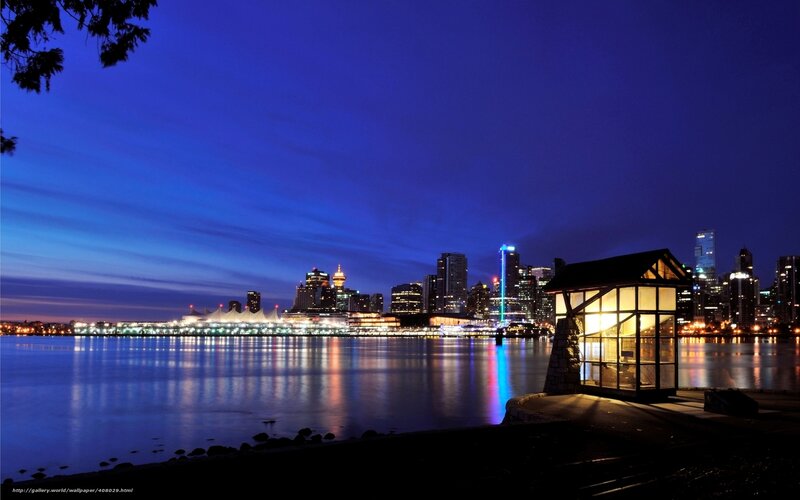 Vancouver Skyline at Night — Blue, Serene, Photograph, Cityscape, Water, Kiosk