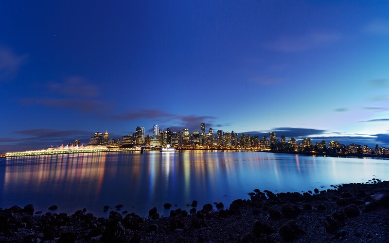 Vancouver Skyline at Night — Blue, Serene, Photograph, Cityscape, Water, Sky