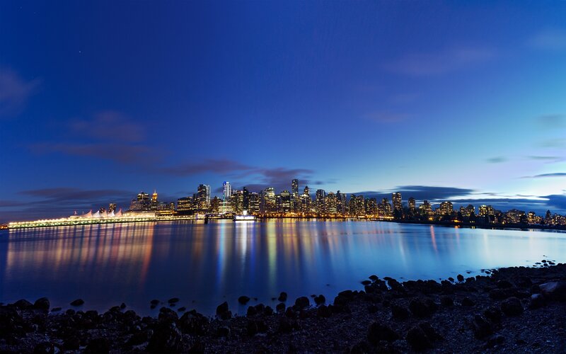 Vancouver Skyline at Night — Blue, Serene, Photograph, Cityscape, Water