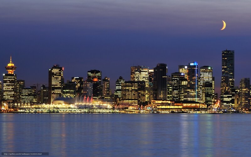 Vancouver Skyline at Night — Blue, Serene, Photograph, Moon, Cityscape