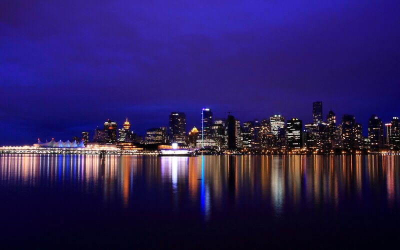 Vancouver Skyline at Night — Blue, Serene, Photograph, Skyscraper, Water