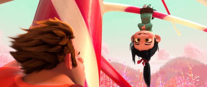 Vanellope hangs upside down