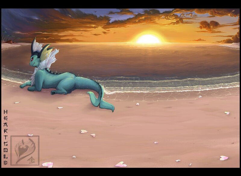Vaporeon on a beach at sunset