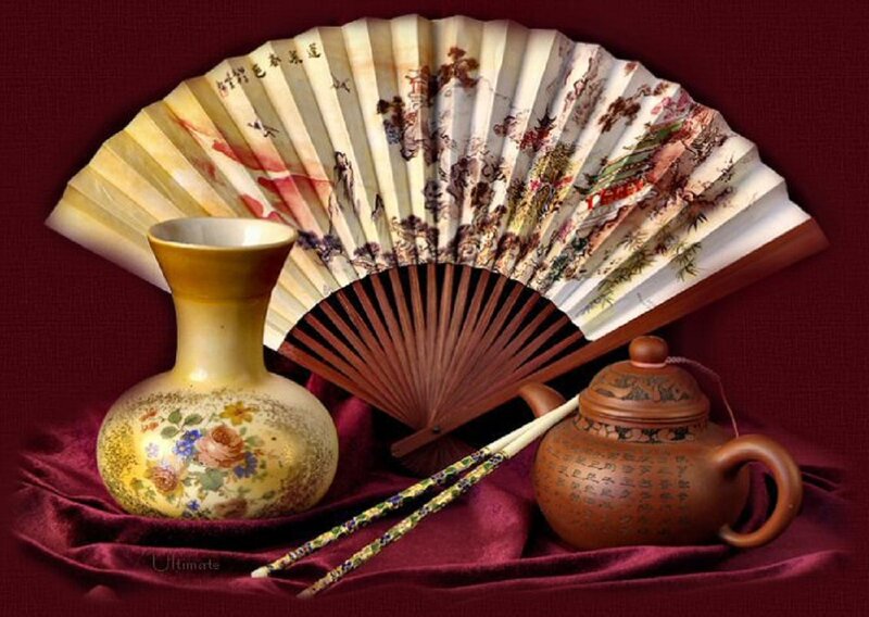 Vase and Fan on Cloth