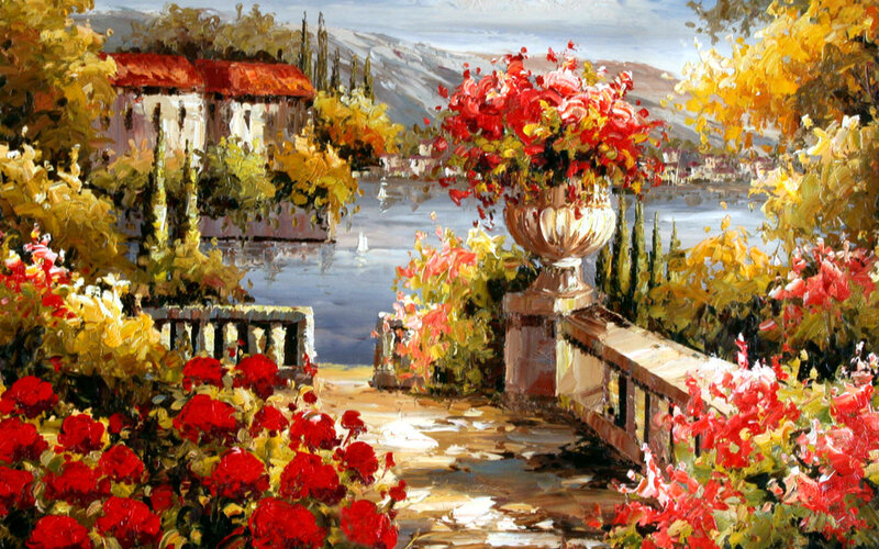 Vase of Flowers by Lake