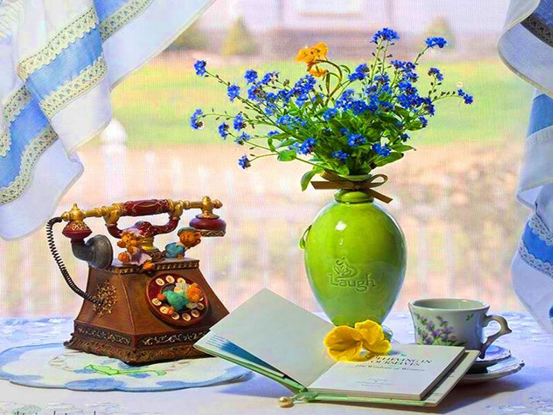 Vase of Flowers on Table — Blue