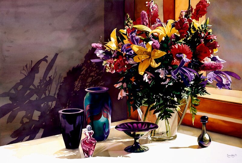 Vase of Flowers on Table — Purple, Dramatic