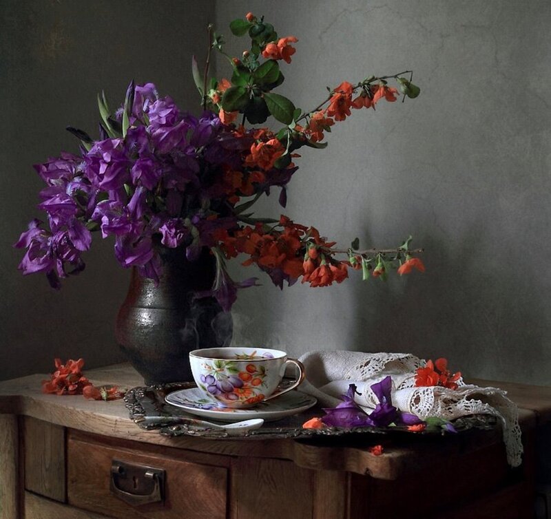Vase of Flowers on Table — Purple