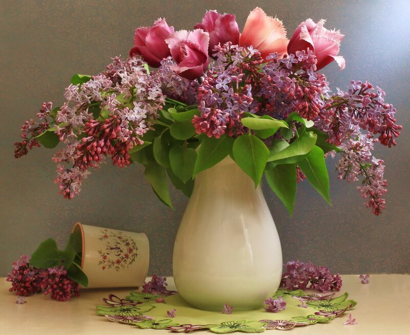 Vase of Lilacs and Tulips