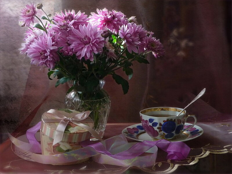 Vase of Pink Chrysanthemums