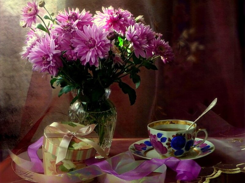 Vase of Purple Chrysanthemums
