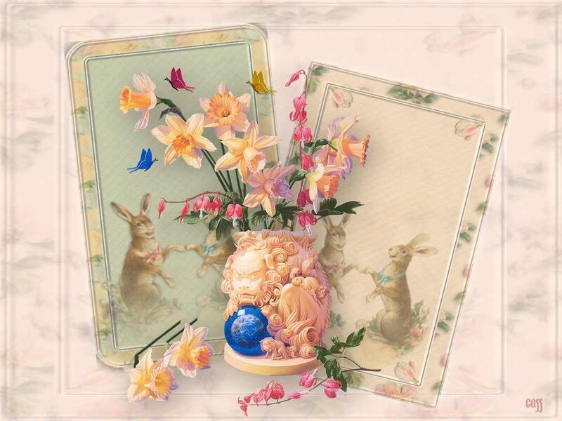 Vase with Flowers and Rabbits