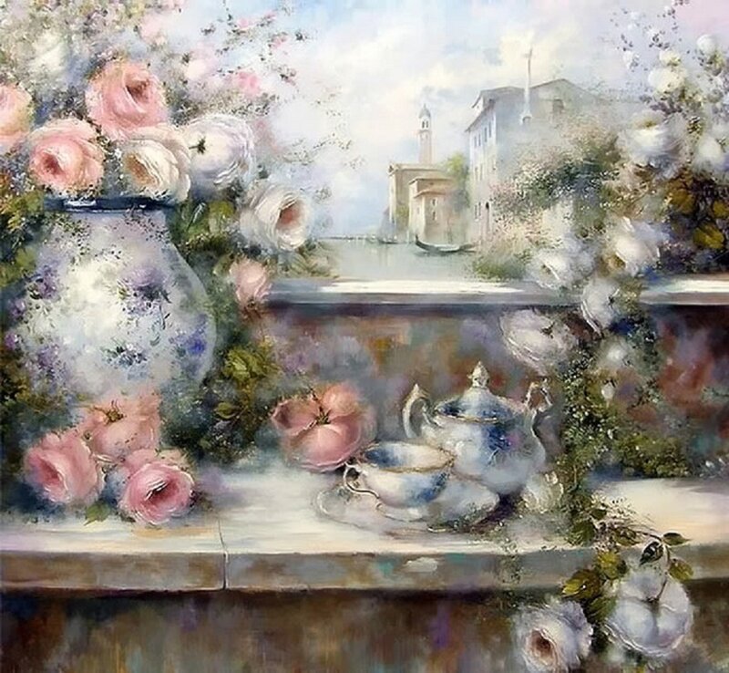Vase with Roses and Tea Set
