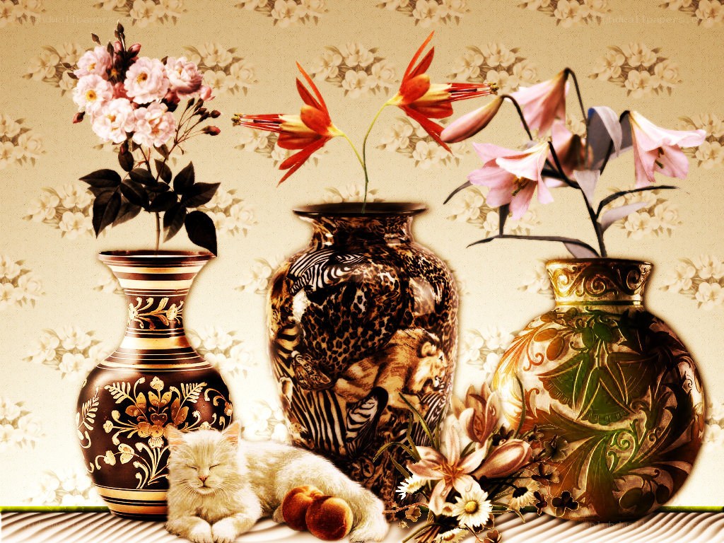 vases with flowers and a cat