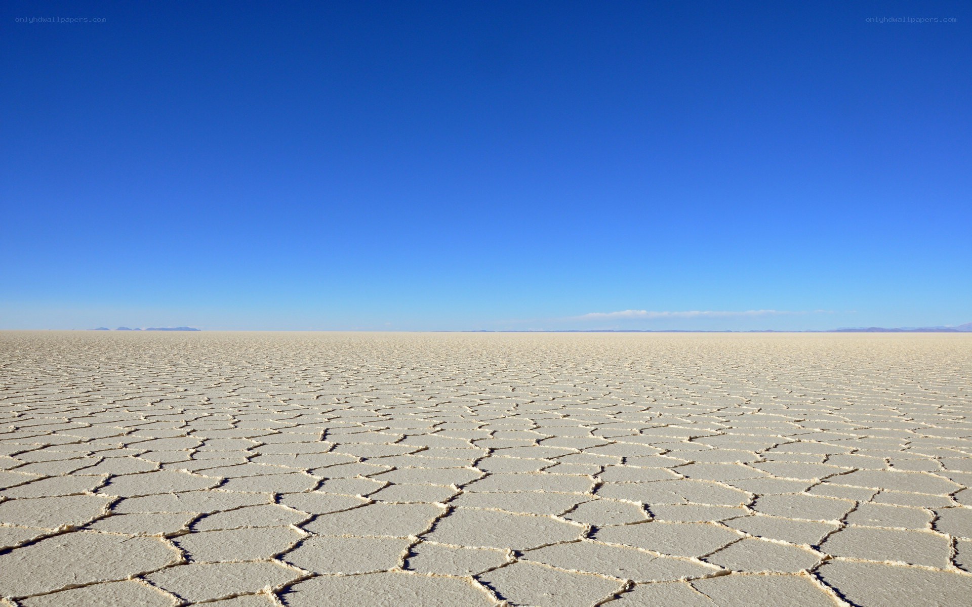 Vast salt flat under blue sky