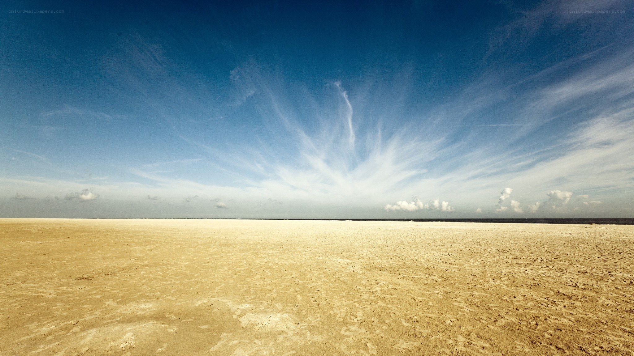 Vast sandy beach under blue sky