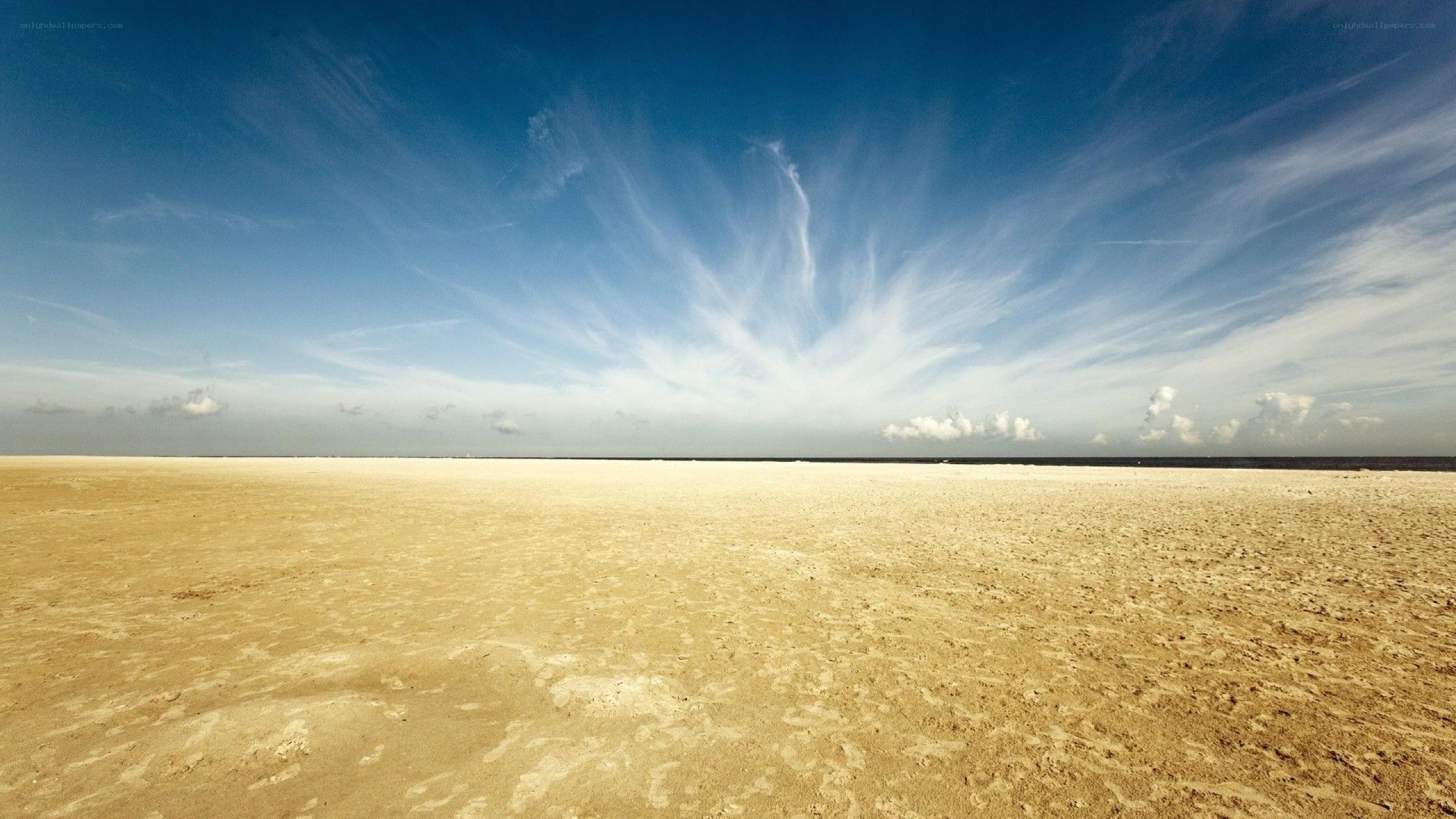 Vast sandy beach under blue sky