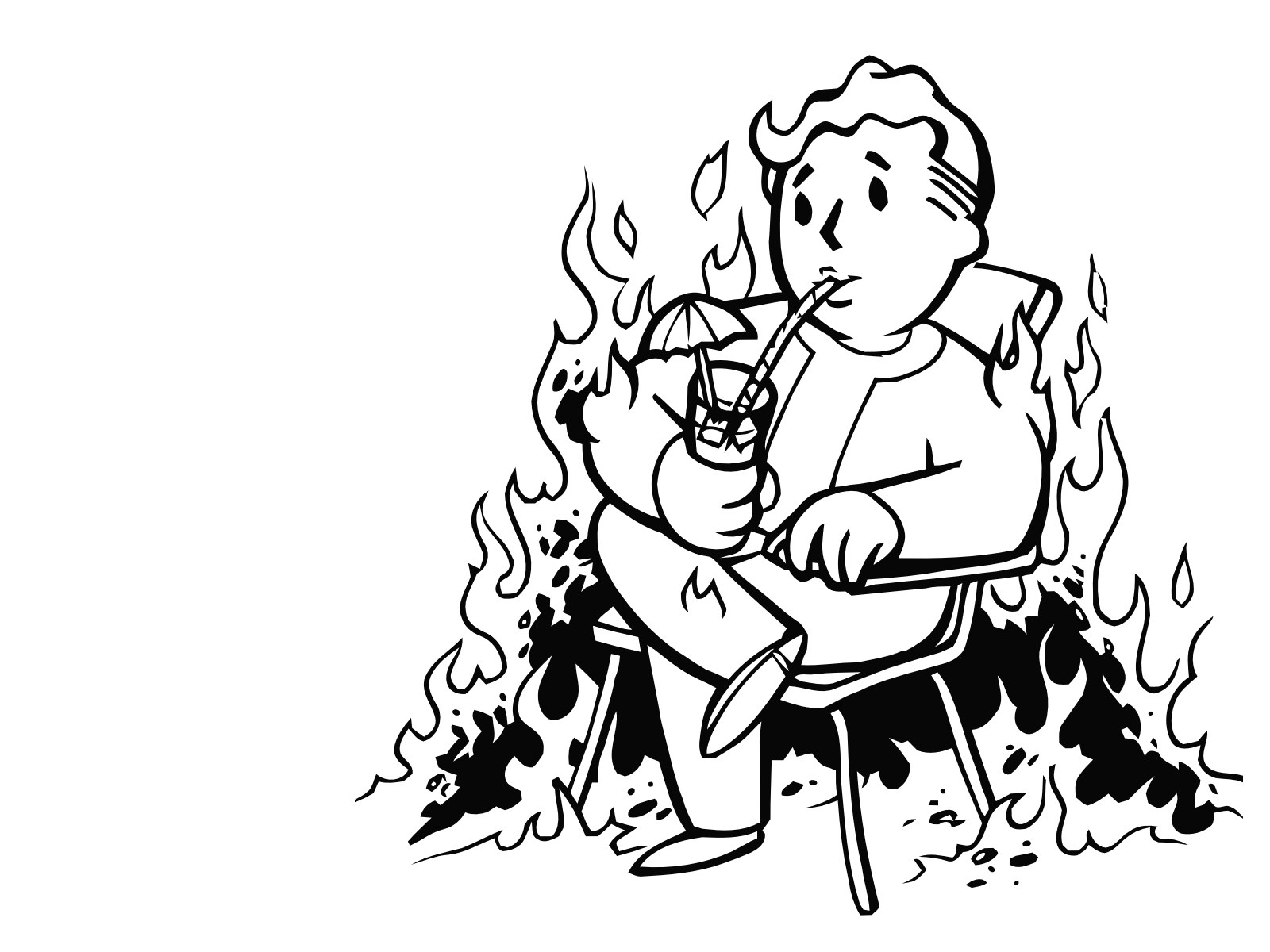 Vault Boy drinking in flames