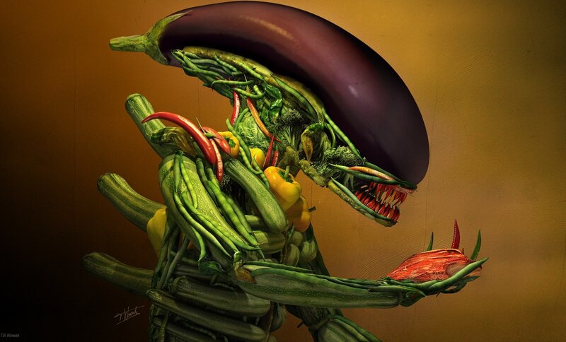 Vegetable Alien Creature — Green, Dramatic, Digital Art