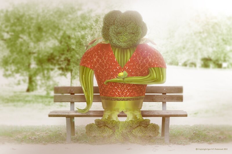 vegetable person on bench