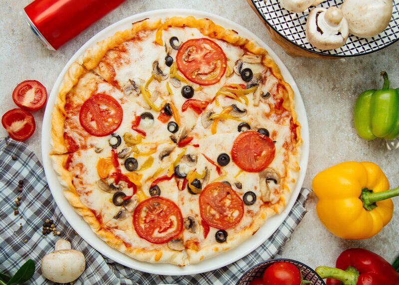 Vegetable Pizza on Plate — White