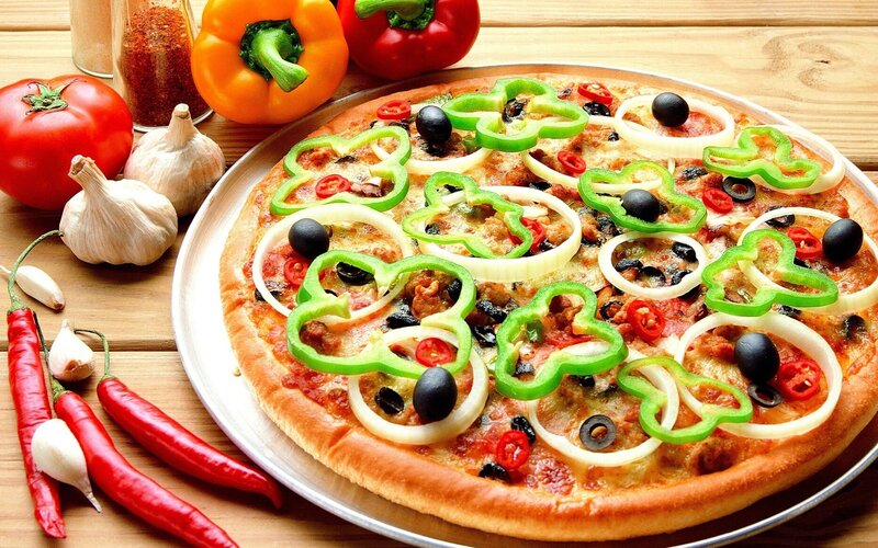 Vegetable Pizza on Tray — Brown, Appetizing, Photograph