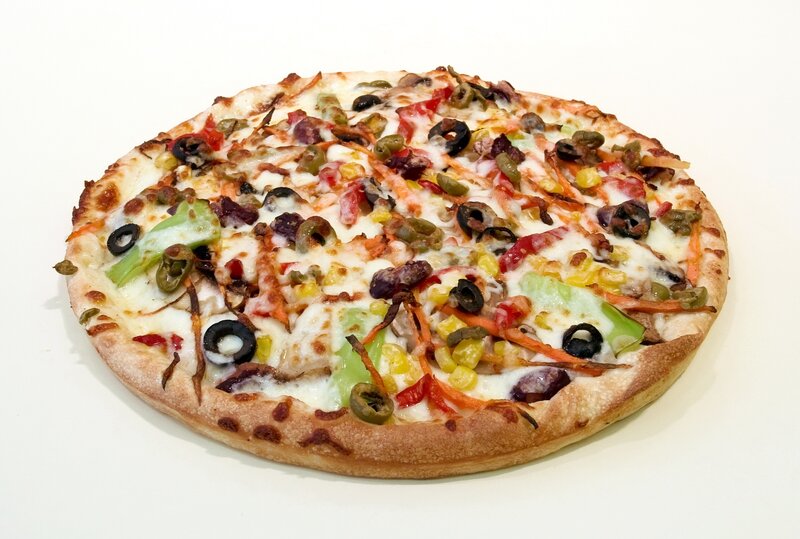 vegetable pizza on white