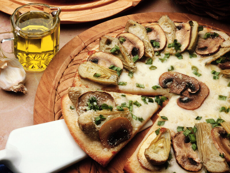 Vegetable Pizza on Wood — Brown, Appetizing, Photograph, Garlic Bulb