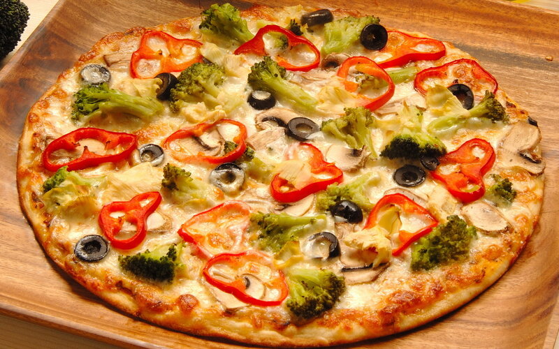 Vegetable Pizza on Wood — Brown, Appetizing