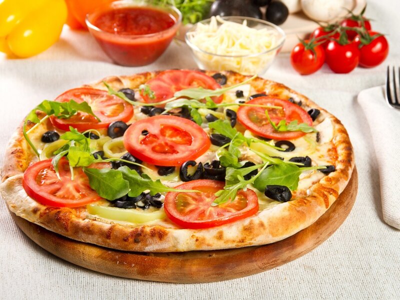 Vegetable Pizza on Wood — Red, Appetizing, Photograph, Tomatoes