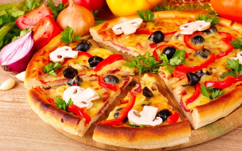 Vegetable Pizza on Wood — Yellow, Appetizing, Photograph