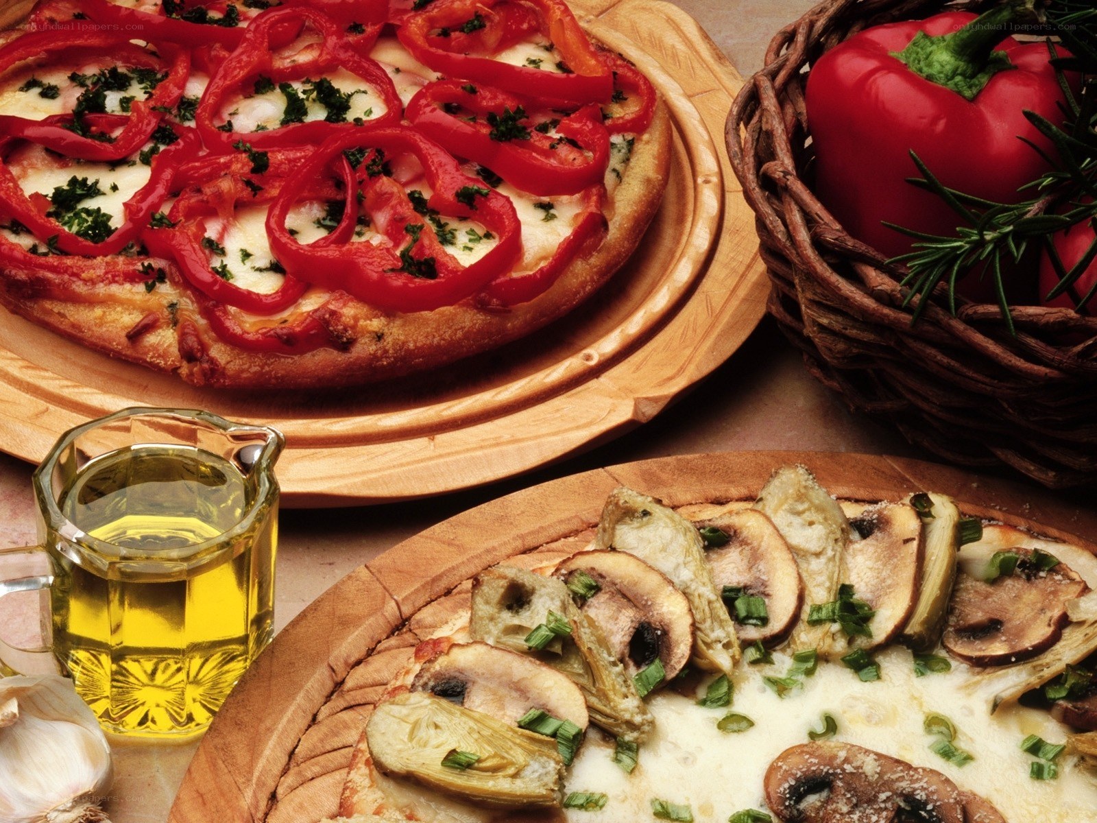 Vegetable pizzas on wooden boards