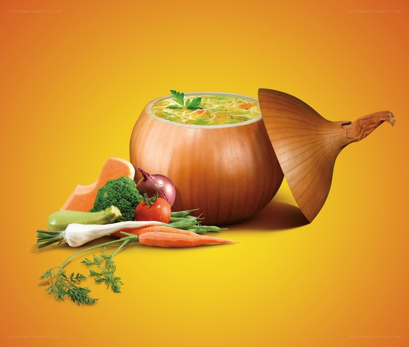 Vegetable soup in onion bowl