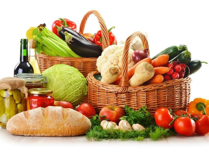 Vegetables and Bread in Baskets
