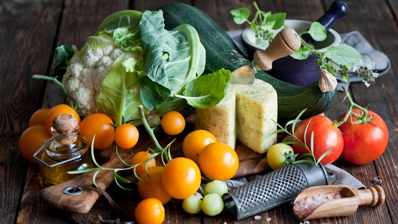 Vegetables and Cheese on Wood