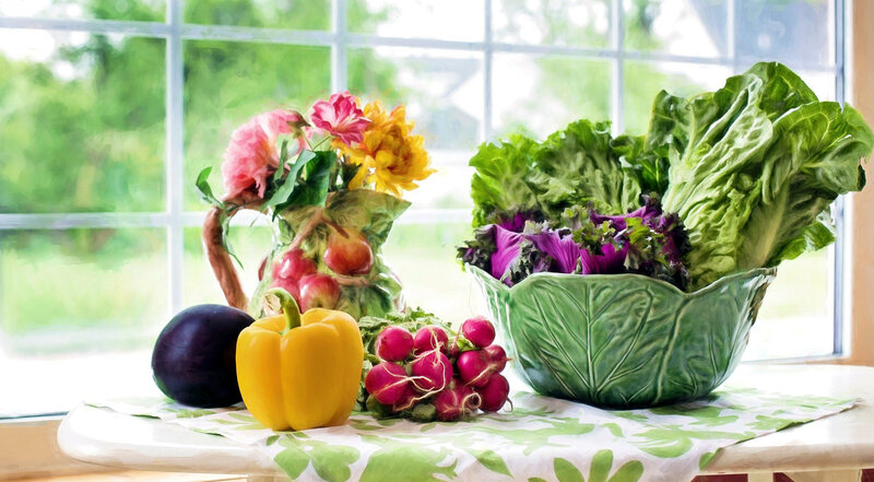 Vegetables and Flowers on Table