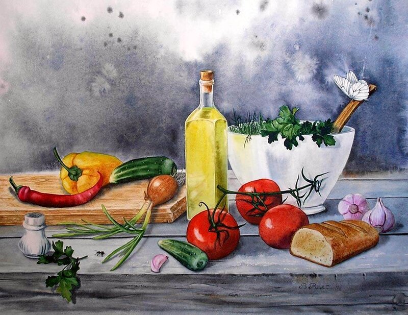 Vegetables and Oil on Table