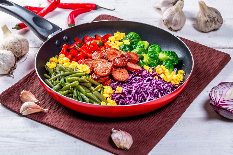 Vegetables and Sausage in Pan