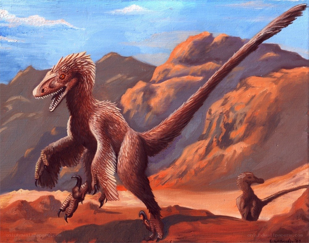 Velociraptor in desert landscape