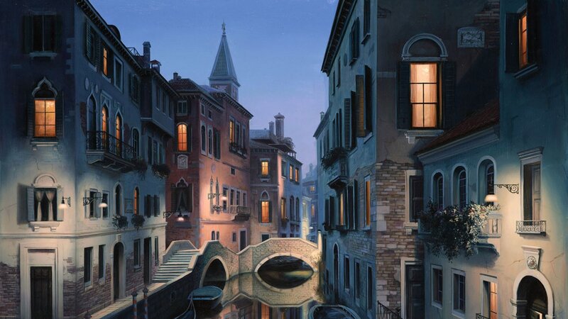 Venetian Canal at Dusk — Blue, Serene, Night, Painting