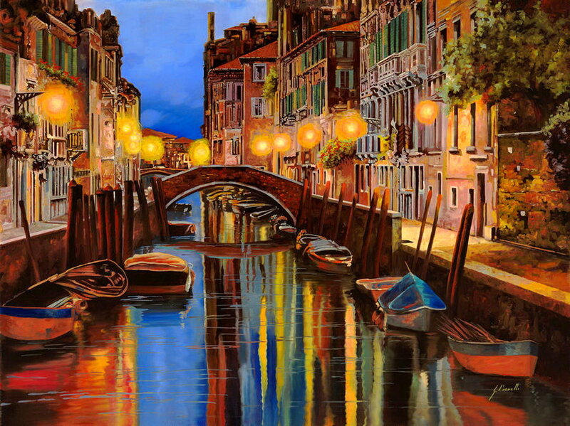 Venetian Canal at Night — Blue, Serene, Painting, Bridge
