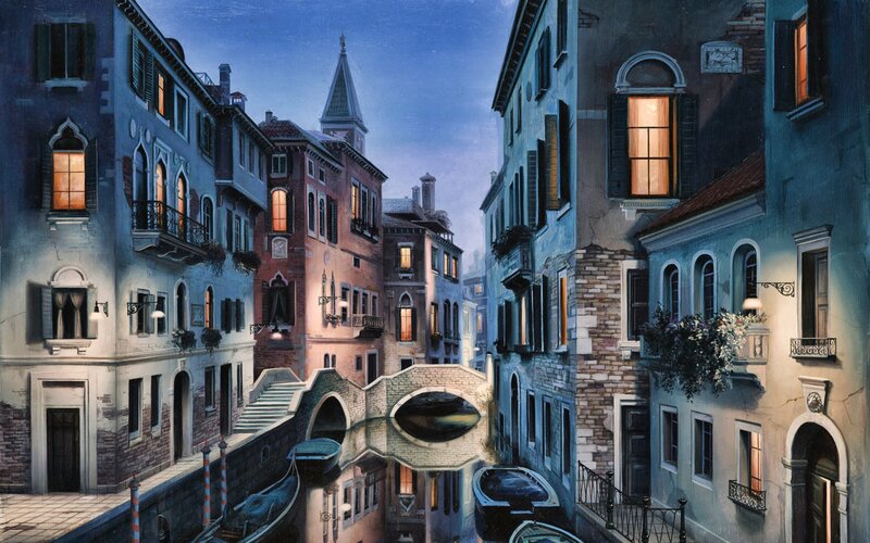 Venetian Canal at Night — Blue, Serene, Painting, Buildings