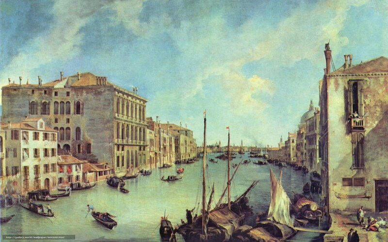 Venetian Canal Scene — Blue, Serene, Afternoon, Painting, Buildings, Boats, Sky