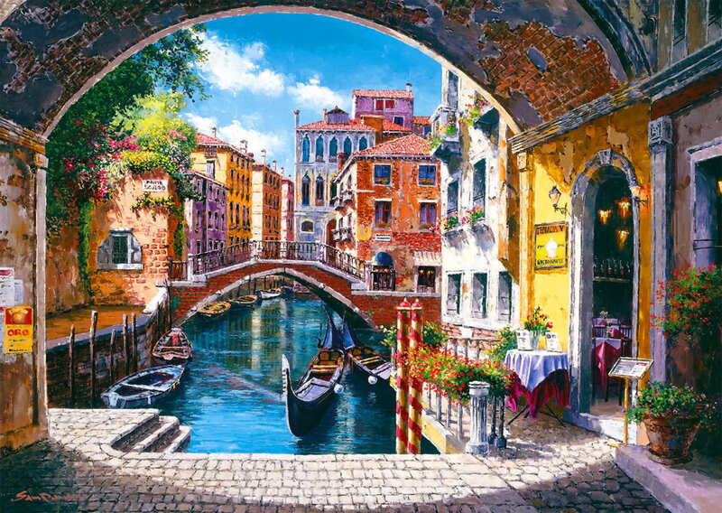 Venetian Canal Scene — Blue, Serene, Afternoon, Painting, Gondolas, Bridge