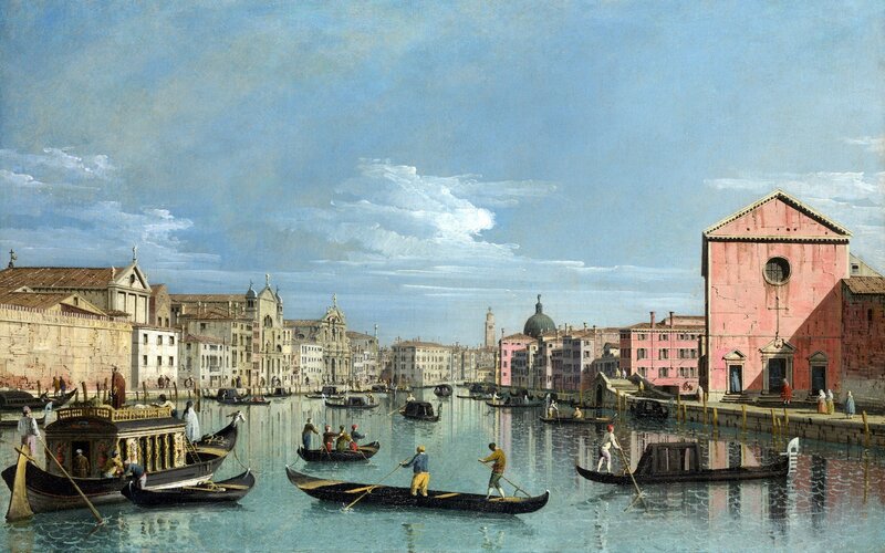 Venetian Canal Scene — Blue, Serene, Afternoon, Painting, Gondolas, Buildings, Boats, Pink