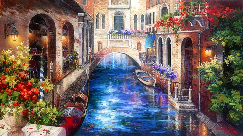 Venetian Canal Scene — Blue, Serene, Night