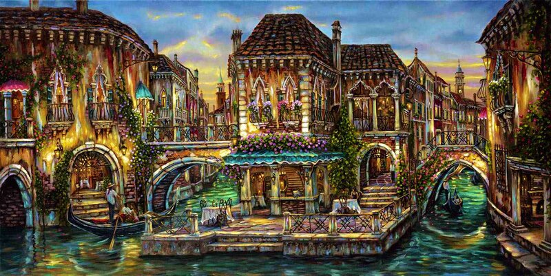 Venetian Canal Scene — Blue, Serene, Sunset, Painting, Gondola