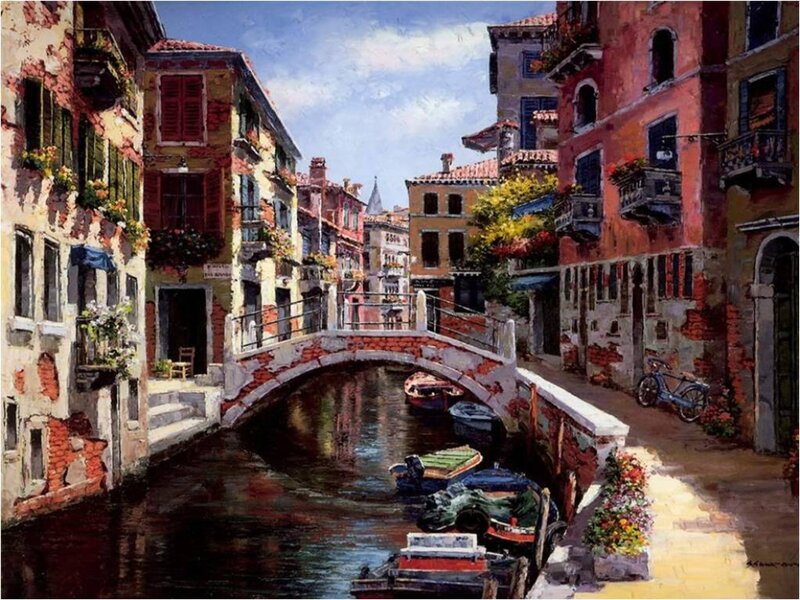 Venetian Canal Scene — Red, Serene, Afternoon, Painting